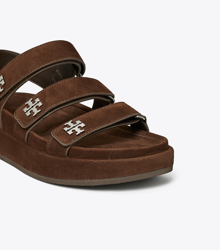 Tory Burch designer sandals Kira Sport Triple-Strap Sandal in DARK COCOA / SILVER angle