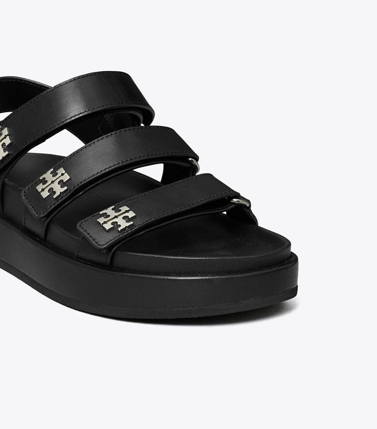 Tory Burch designer sandals Kira Sport Triple-Strap Sandal in PERFECT BLACK / SILVER angle