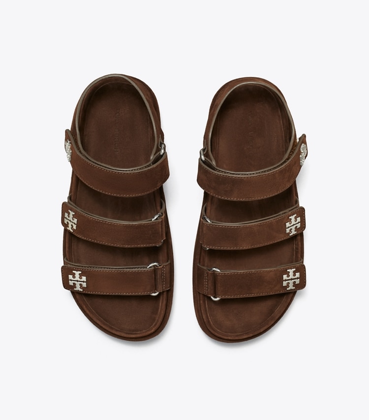 Tory Burch designer sandals Kira Sport Triple-Strap Sandal in DARK COCOA / SILVER overhead