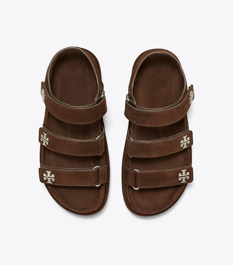 Tory Burch designer sandals Kira Sport Triple-Strap Sandal in DARK COCOA / SILVER angle