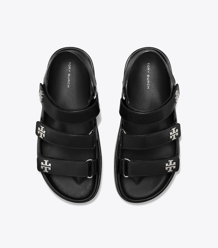 Tory Burch designer sandals Kira Sport Triple-Strap Sandal in PERFECT BLACK / SILVER angle
