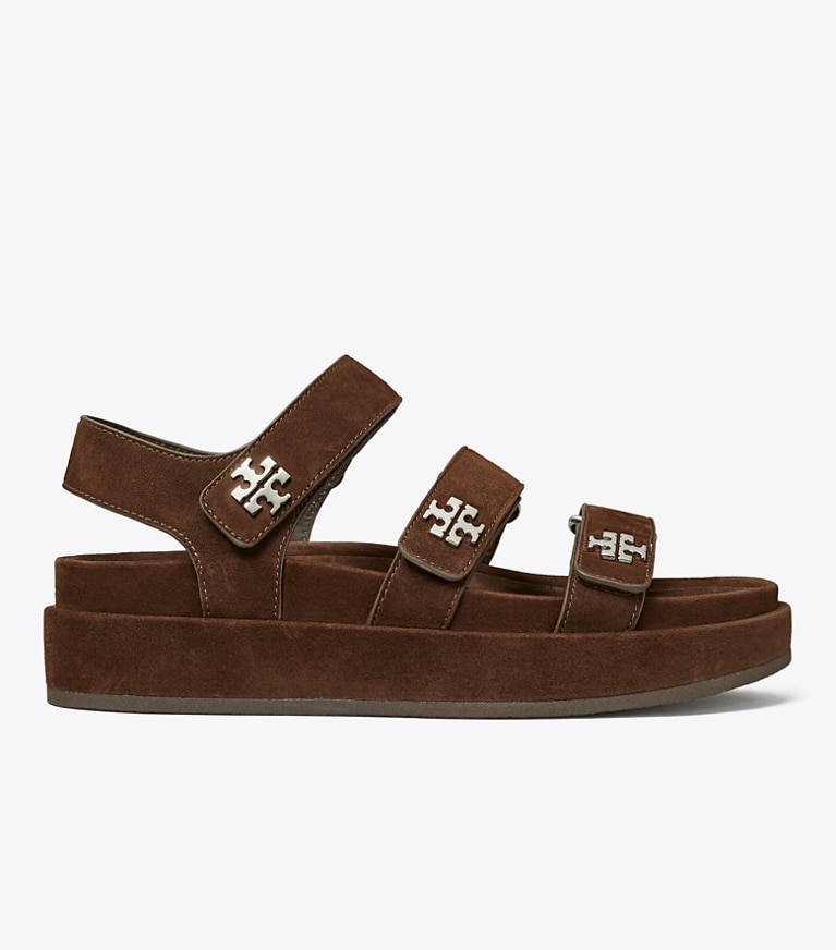 Tory Burch designer sandals Kira Sport Triple-Strap Sandal in DARK COCOA / SILVER angle