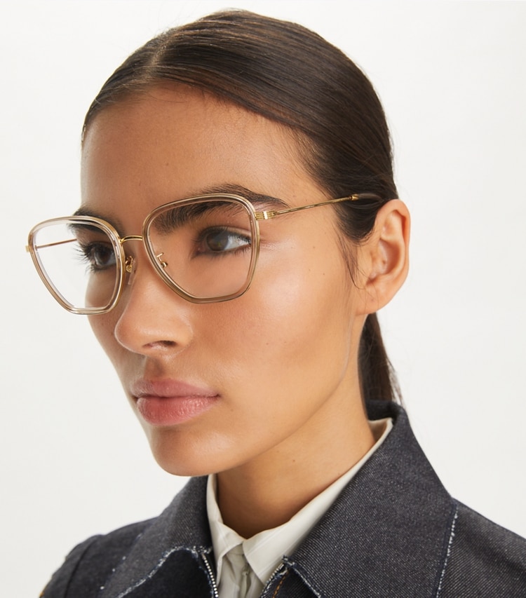 Tory Burch designer sunglasses & eyewear Kira Square Eyeglasses in CLEAR accessory on model