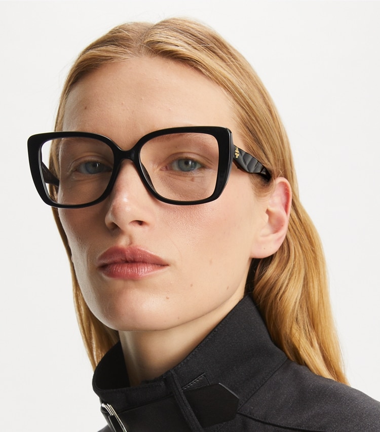 Tory Burch designer sunglasses & eyewear Kira Square Eyeglasses in BLACK accessory on model