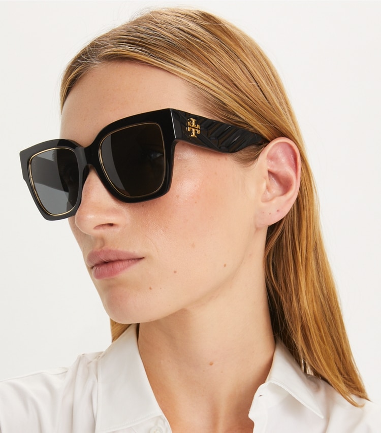 Tory Burch designer sunglasses & eyewear Kira Square Sunglasses in BLACK/SOLID GREY accessory on model