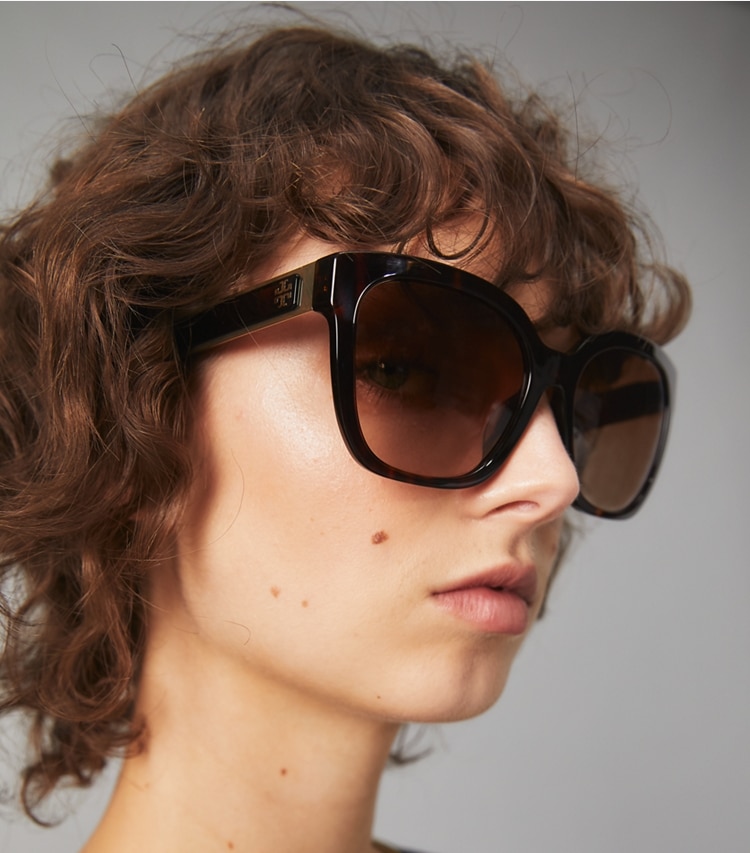 Tory Burch designer sunglasses & eyewear Kira Square Sunglasses in DARK TORTOISE accessory on model