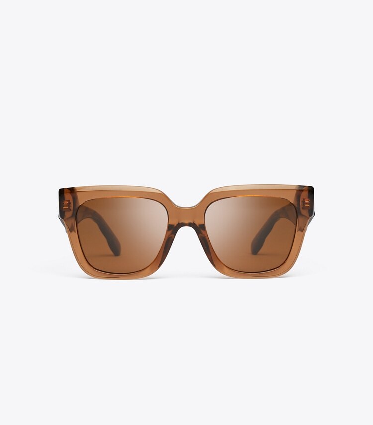 Tory Burch diseñador gafas de sol y anteojos Kira Square Sunglasses en TRANSPARENT WHISKEY frente