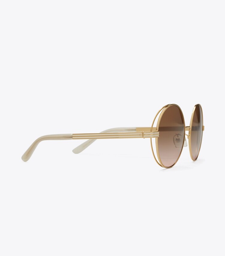 Tory Burch designer sunglasses & eyewear Kira Stripe Open-Wire Round Sunglasses in LIGHT GOLD/OFF WHITE detail