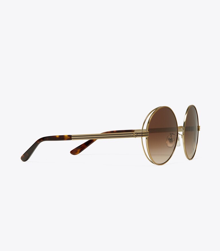 Tory Burch designer sunglasses & eyewear Kira Stripe Open-Wire Round Sunglasses in GOLD/BROWN front
