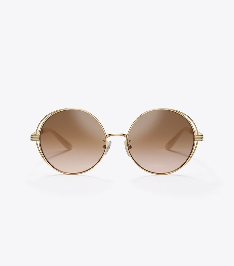 Tory Burch designer sunglasses & eyewear Kira Stripe Open-Wire Round Sunglasses in LIGHT GOLD/OFF WHITE front