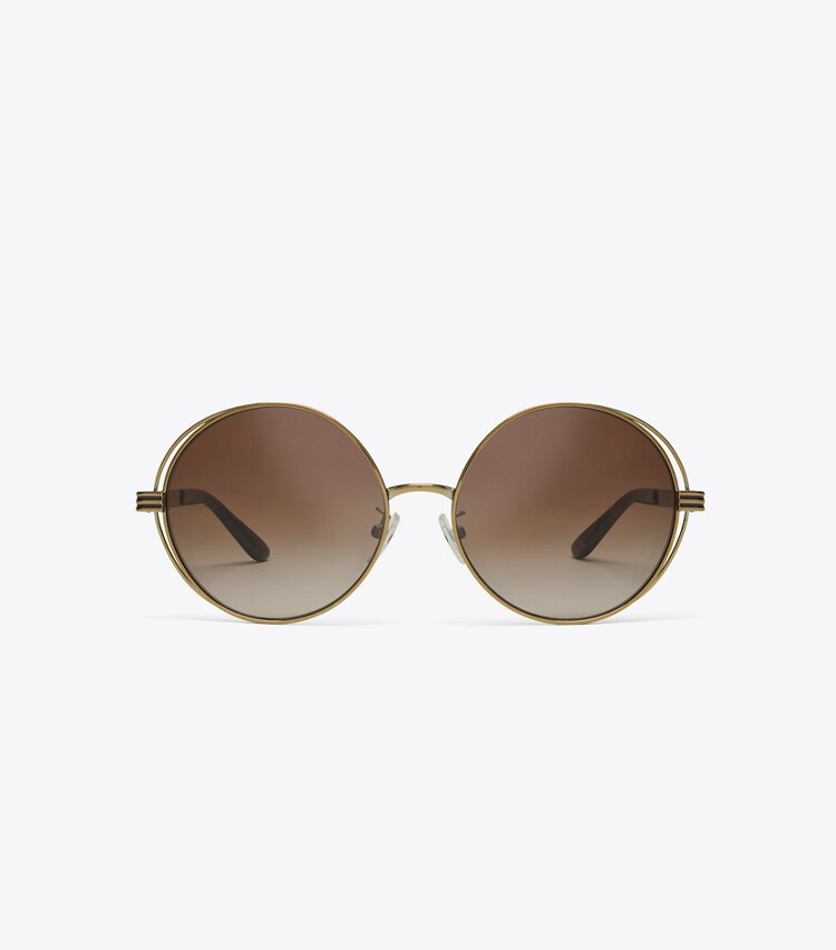 Tory Burch designer sunglasses & eyewear Kira Stripe Open-Wire Round Sunglasses in GOLD/BROWN front