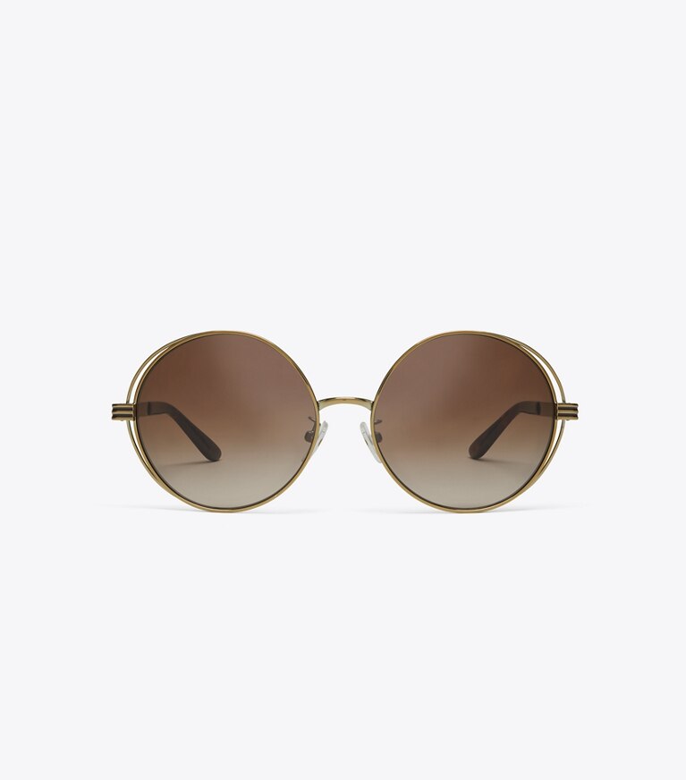 Tory Burch designer sunglasses & eyewear Kira Stripe Open-Wire Round Sunglasses in GOLD/BROWN front