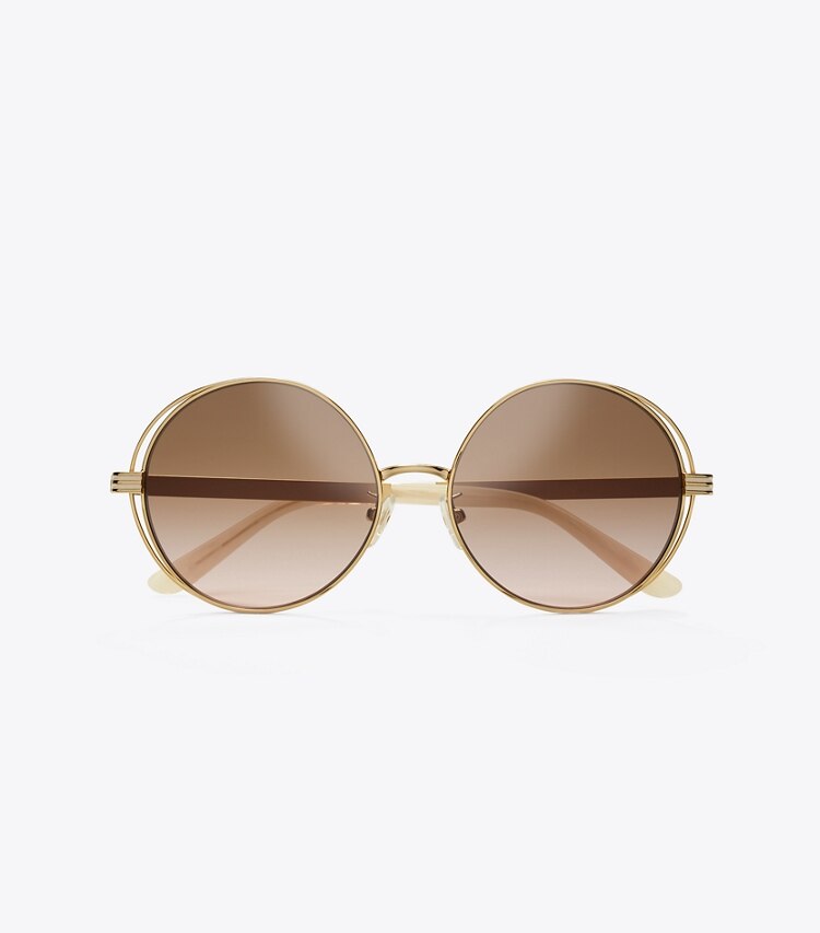 Tory Burch designer sunglasses & eyewear Kira Stripe Open-Wire Round Sunglasses in LIGHT GOLD/OFF WHITE overhead
