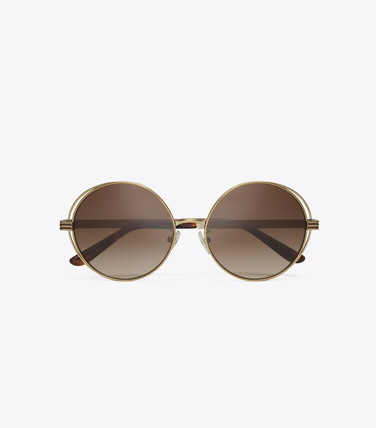 Tory Burch designer sunglasses & eyewear Kira Stripe Open-Wire Round Sunglasses in GOLD/BROWN overhead
