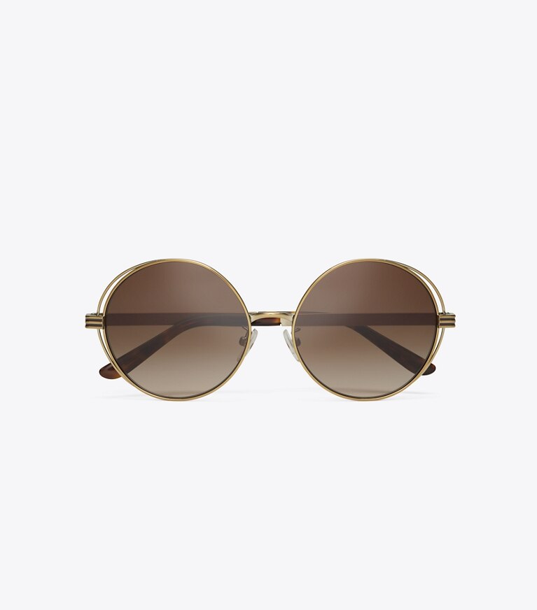Tory Burch designer sunglasses & eyewear Kira Stripe Open-Wire Round Sunglasses in GOLD/BROWN front