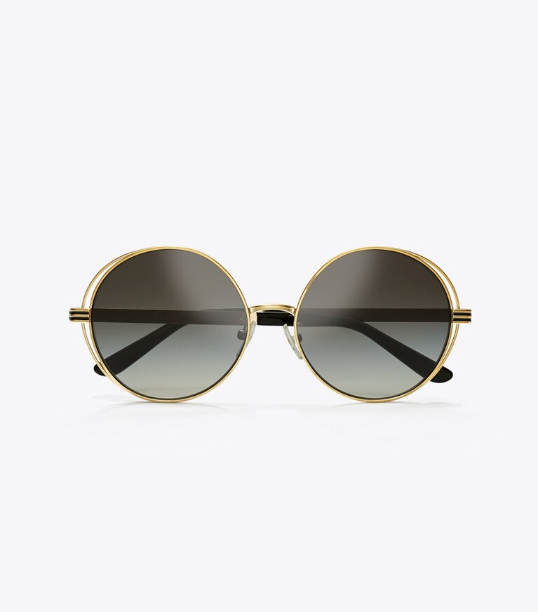 Tory Burch designer sunglasses & eyewear Kira Stripe Open-Wire Round Sunglasses in GOLD/BLACK front