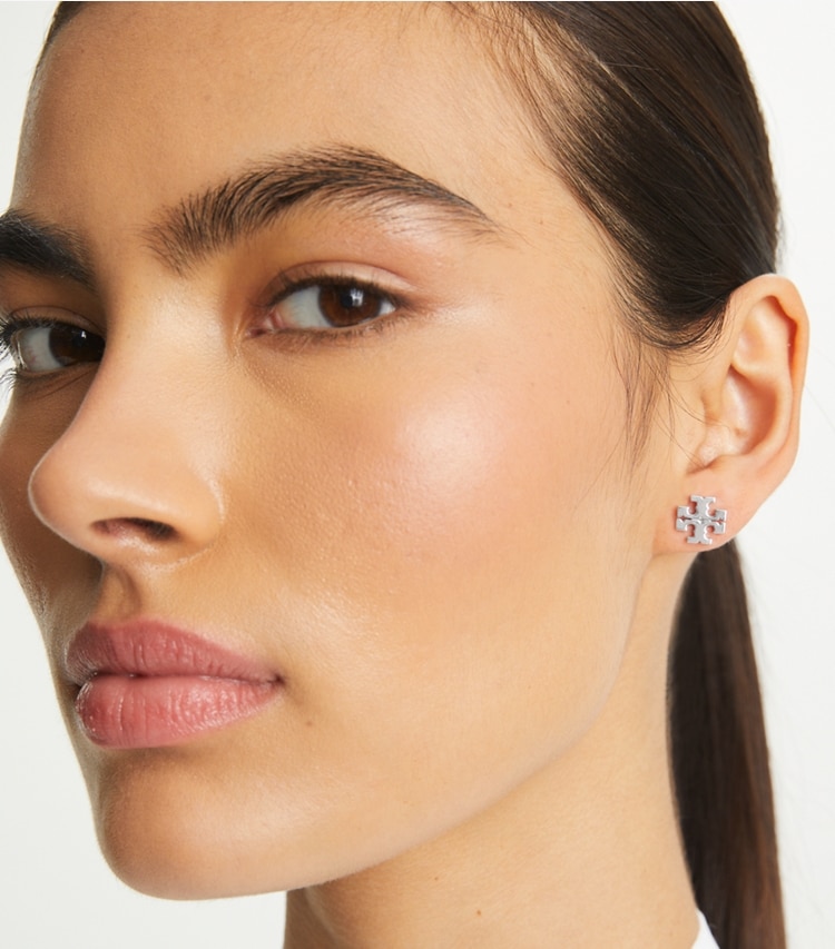 Tory Burch designer earrings Kira Stud Earring in Tory Silver accessory on model