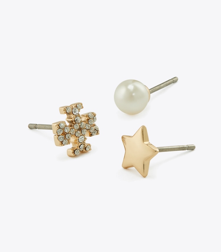 Tory Burch designer jewelry boxes Kira Stud Earring Gift Set in Tory Gold / Crystal / Pearl detail