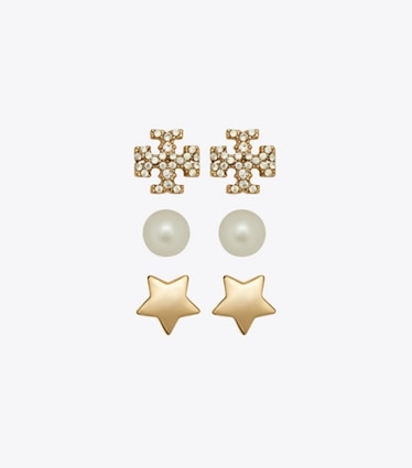Tory Burch designer jewelry boxes Kira Stud Earring Gift Set in Tory Gold / Crystal / Pearl front