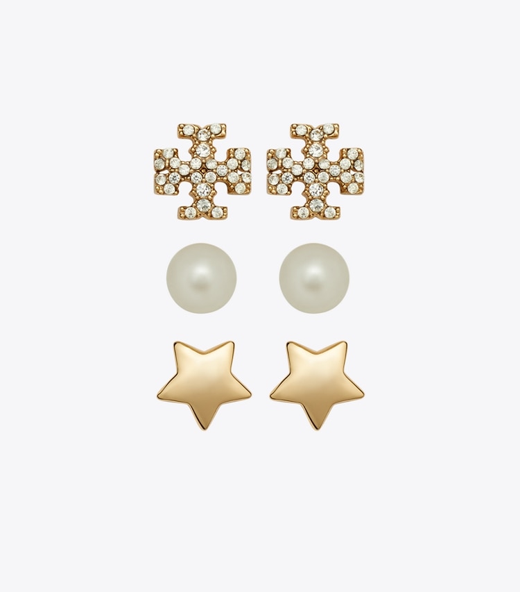 Tory Burch designer jewelry boxes Kira Stud Earring Gift Set in Tory Gold / Crystal / Pearl front