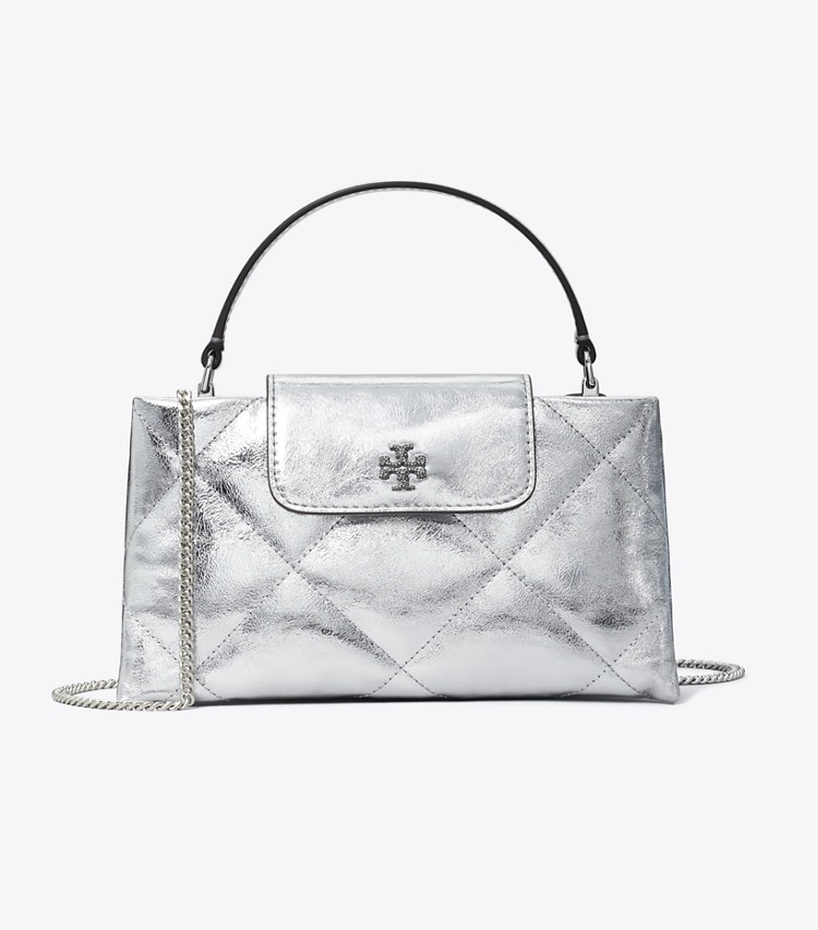 Tory Burch designer kleine taschen Kira Tasche in Metallic mit Rautensteppung und Tragegriff oben in Silver front