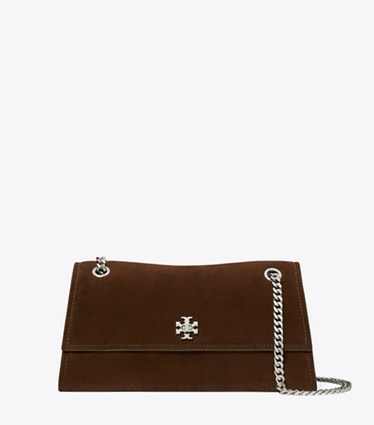 Tory Burch designer shoulder bags Kira Turnlock Suede Shoulder Bag in Dark Cocoa front