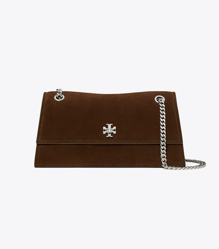 Tory Burch designer shoulder bags Kira Turnlock Suede Shoulder Bag in Dark Cocoa front