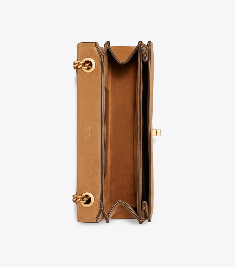 Tory Burch designer shoulder bags Kira Turnlock Suede Shoulder Bag in Toffee overhead