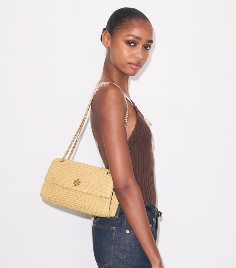 Tory Burch designer shoulder bags Kira Turnlock Woven Shoulder Bag in Natural accessory on model