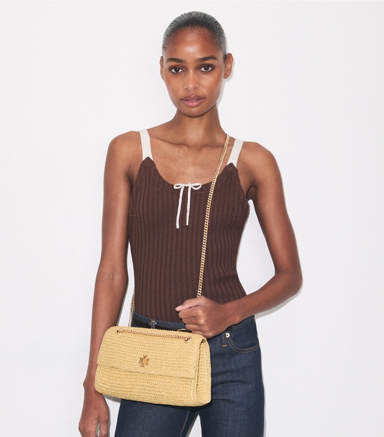 Tory Burch designer shoulder bags Kira Turnlock Woven Shoulder Bag in Natural additional on model