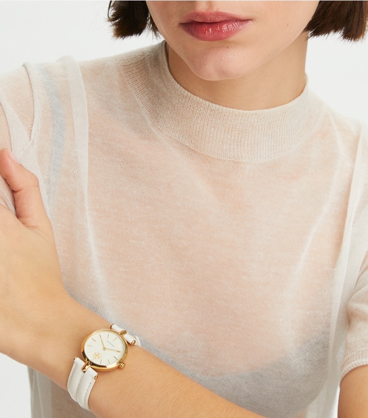 Tory Burch designer strap watches Kira Watch in IVORY/GOLD/LUGGAGE accessory on model