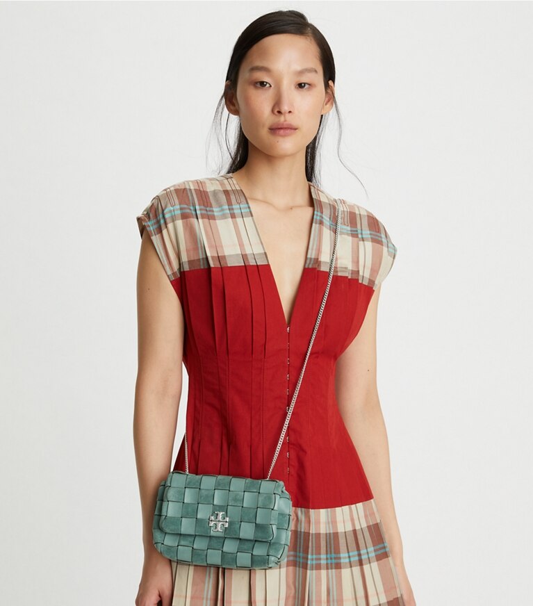Tory Burch designer crossbody bags Kira Woven Mini Bag in Arctic angle
