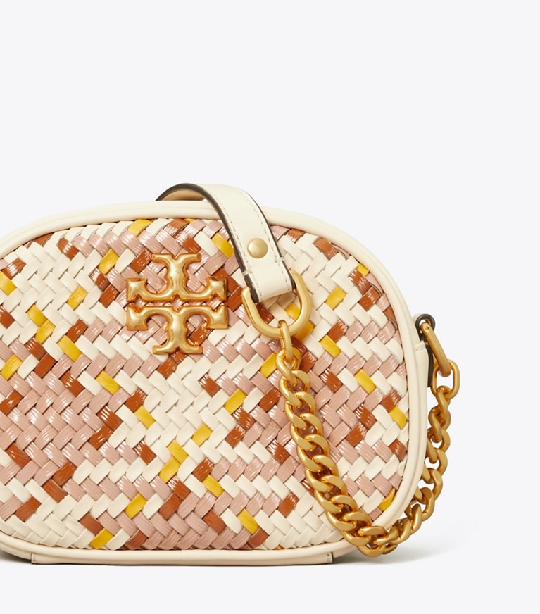 Tory Burch designer crossbody bags Kira Woven Small Camera Bag in Pink Moon/New Cream/Goldfinch angle