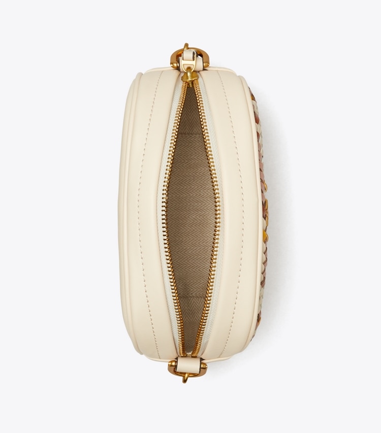 Tory Burch designer crossbody bags Kira Woven Small Camera Bag in Pink Moon/New Cream/Goldfinch overhead
