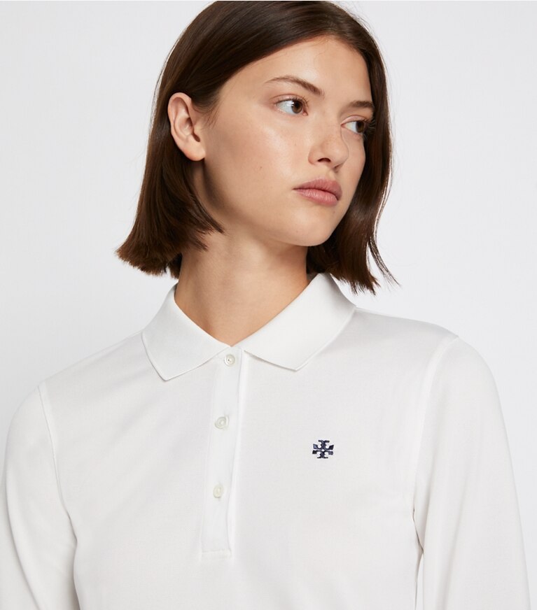 Tory Sport designer oberteile Klassisches Langarmpoloshirt aus technischem Piqué in Snow White front