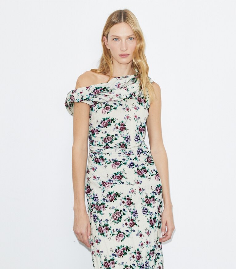 Tory Burch designer kleider Kleid aus Baumwollsamt mit Twist-Effekt in Purple Floral front