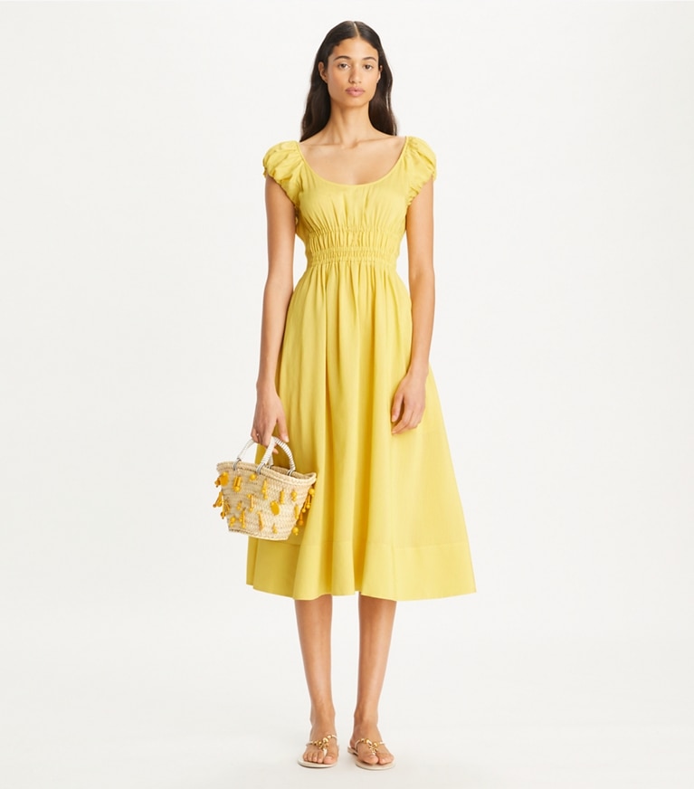 Tory Burch designer kleider Kleid aus Seide und Viskose in Yellow Stripe modell von vorn