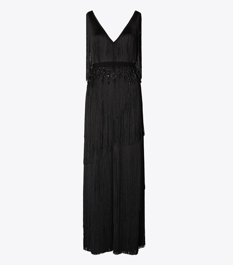 Tory Burch designer kleider Kleid aus Viskose mit Fransen in Black front