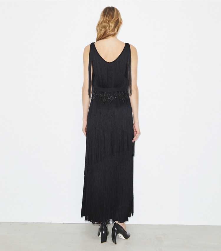 Tory Burch designer kleider Kleid aus Viskose mit Fransen in Black on model back