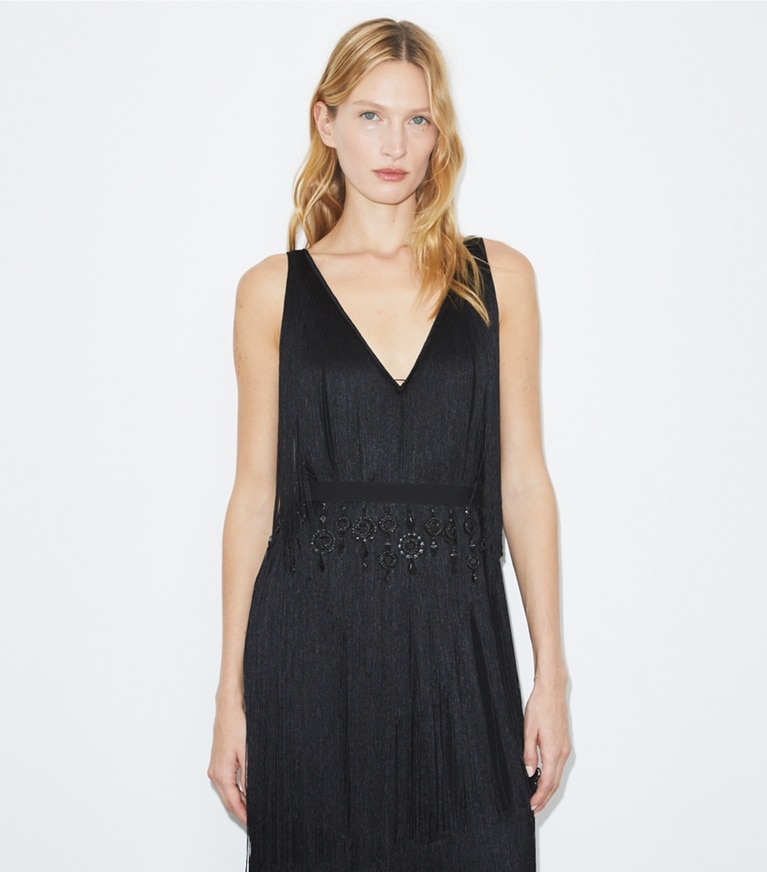 Tory Burch designer kleider Kleid aus Viskose mit Fransen in Black front