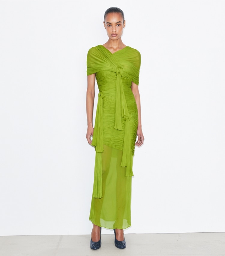 Tory Burch designer kleider Kleid aus Viskose mit Zierknoten in Faded Green modell von vorn