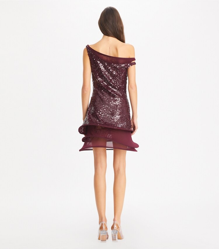 Tory Burch designer kleider Kleid mit Pailletten und Reifen in Dark Eggplant on model back