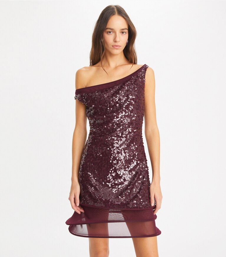 Tory Burch designer kleider Kleid mit Pailletten und Reifen in Dark Eggplant front