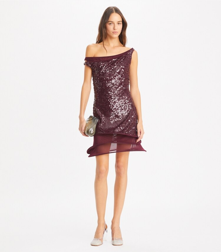 Tory Burch designer kleider Kleid mit Pailletten und Reifen in Dark Eggplant modell von vorn