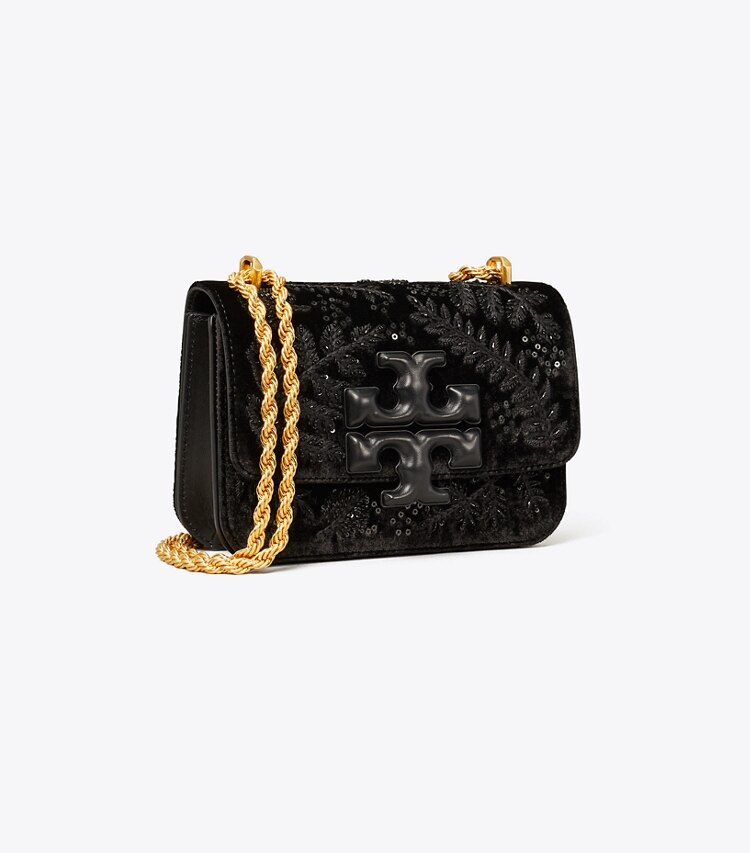 Tory Burch designer schultertaschen Kleine, bestickte, wandelbare Eleanor Schultertasche aus Samt in Black / Black angle