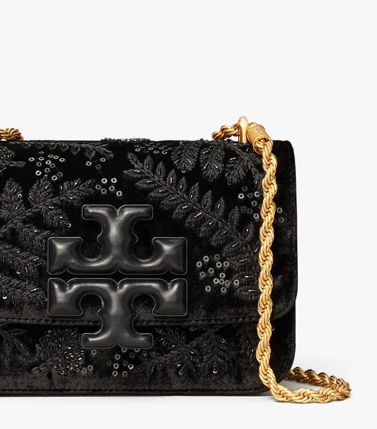 Tory Burch designer schultertaschen Kleine, bestickte, wandelbare Eleanor Schultertasche aus Samt in Black / Black angle