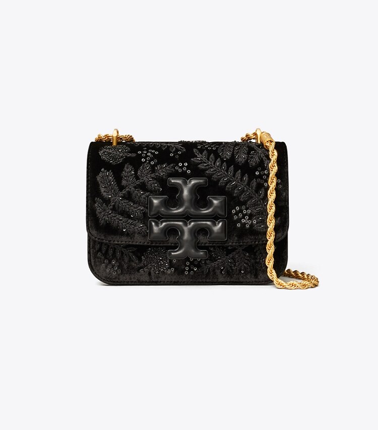 Tory Burch designer schultertaschen Kleine, bestickte, wandelbare Eleanor Schultertasche aus Samt in Black / Black front
