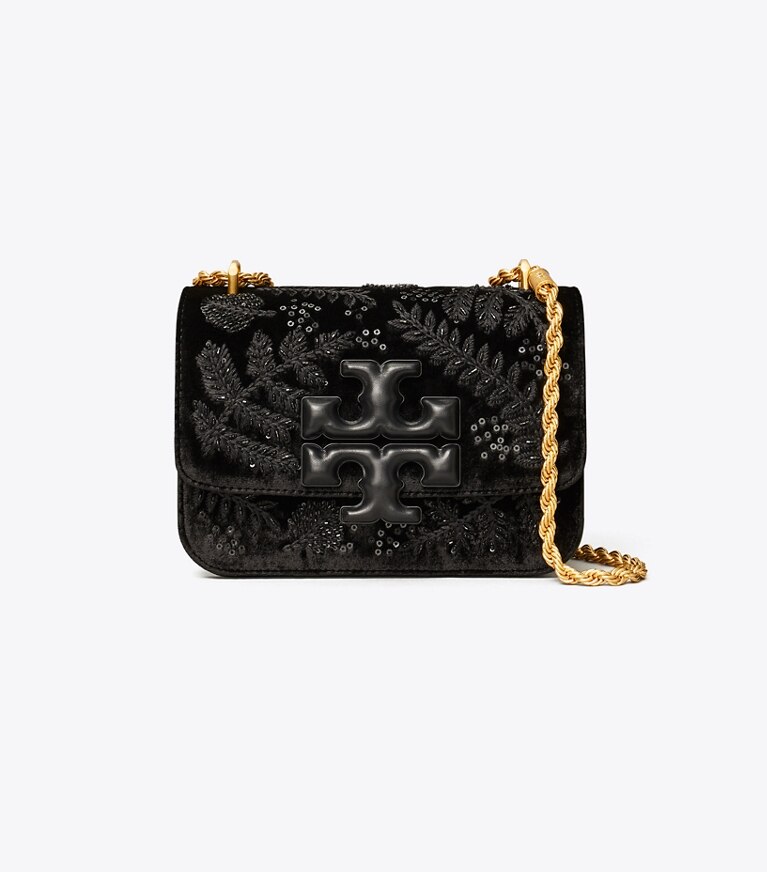 Tory Burch designer schultertaschen Kleine, bestickte, wandelbare Eleanor Schultertasche aus Samt in Black / Black angle