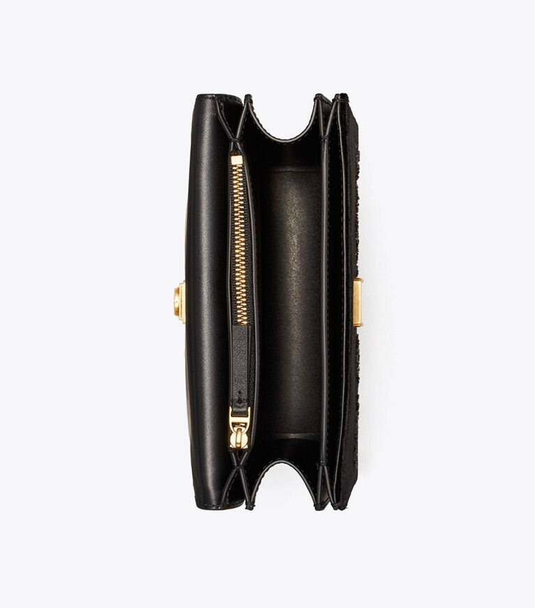 Tory Burch designer schultertaschen Kleine, bestickte, wandelbare Eleanor Schultertasche aus Samt in Black / Black angle