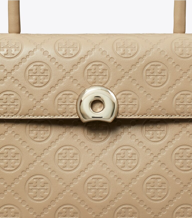 Tory Burch designer henkeltaschen Kleine, geprägte Deville Tasche mit T-Monogramm in Fresh Clay angle